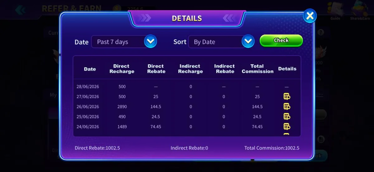 2Fun Bet dated transaction history table inside the app