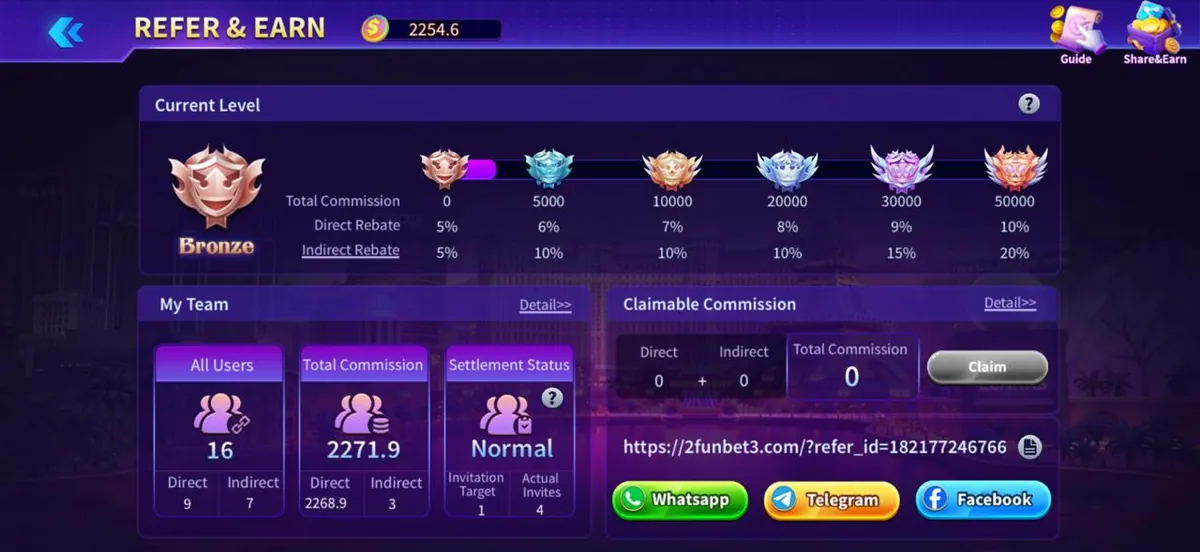 2Fun Bet Refer and Earn screen showing commission levels and invite link
